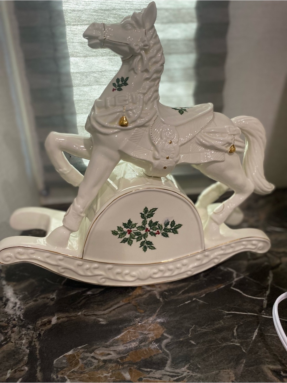 White Ceramic Rocking Horse Figurine with Holly Motif music box